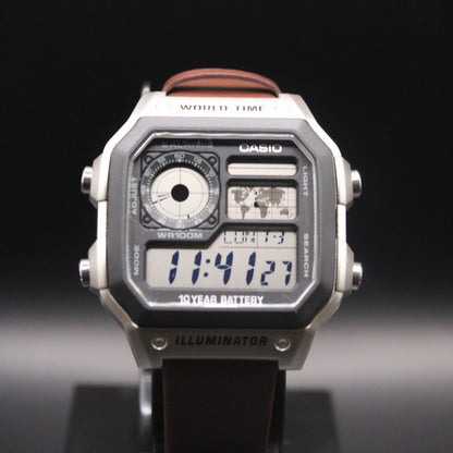 Brown Genuine Leather Strap - Casio AE1200 (Silver) Mod