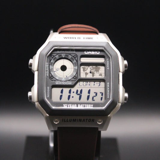 Brown Genuine Leather Strap - Casio AE1200 (Silver) Mod