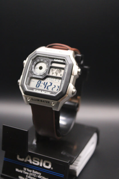 Brown Genuine Leather Strap - Casio AE1200 (Silver) Mod